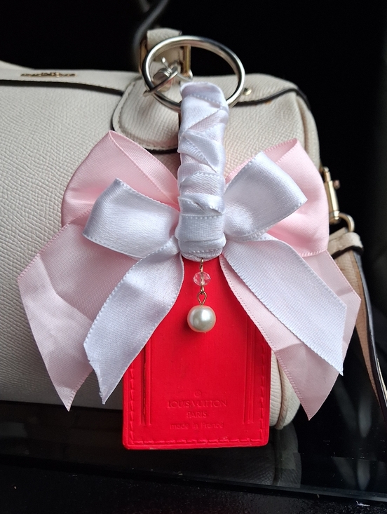 Louis Vuitton Handbags - Louis Vuitton Pink Leather Luggage Tag with Pink & White Satin Bow Drop Pearl
